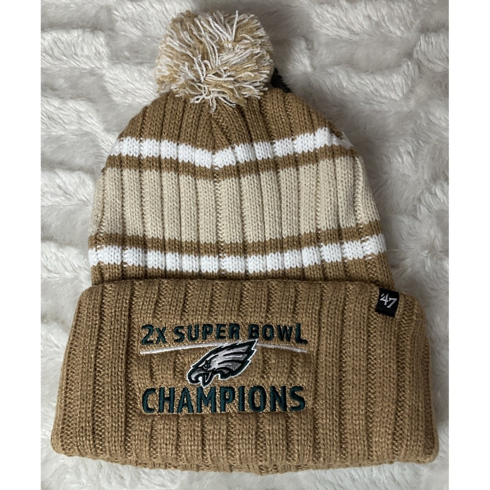 Philadelphia Eagles Brand 47 2X Super Bowl Champs Beanie Hat Khaki Pom Knit‎ NWT